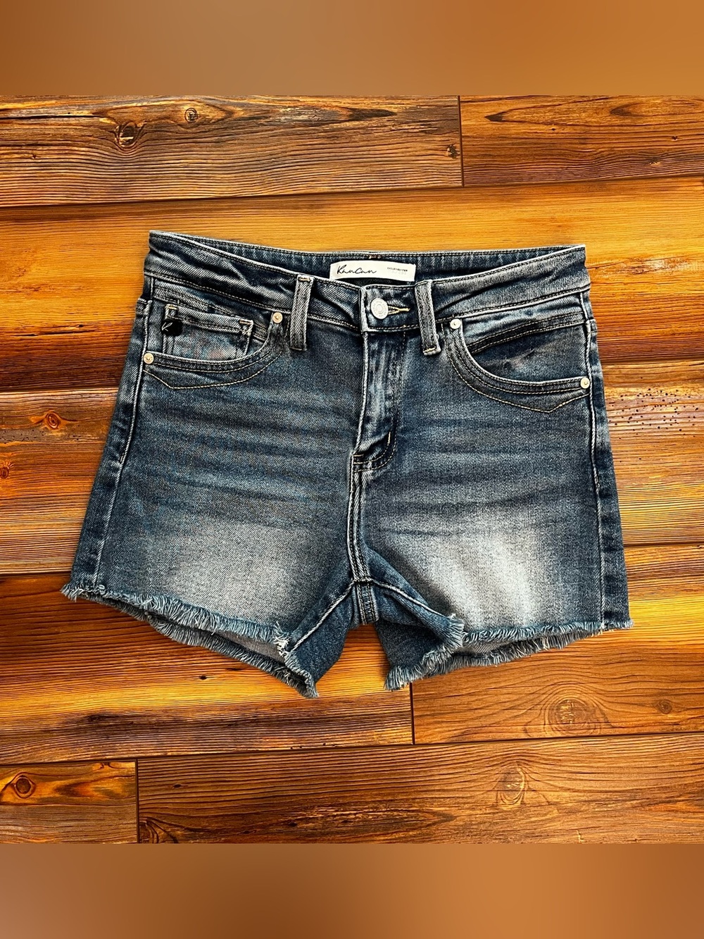 Kancan Medium Wash Frayed Hem Denim Shorts